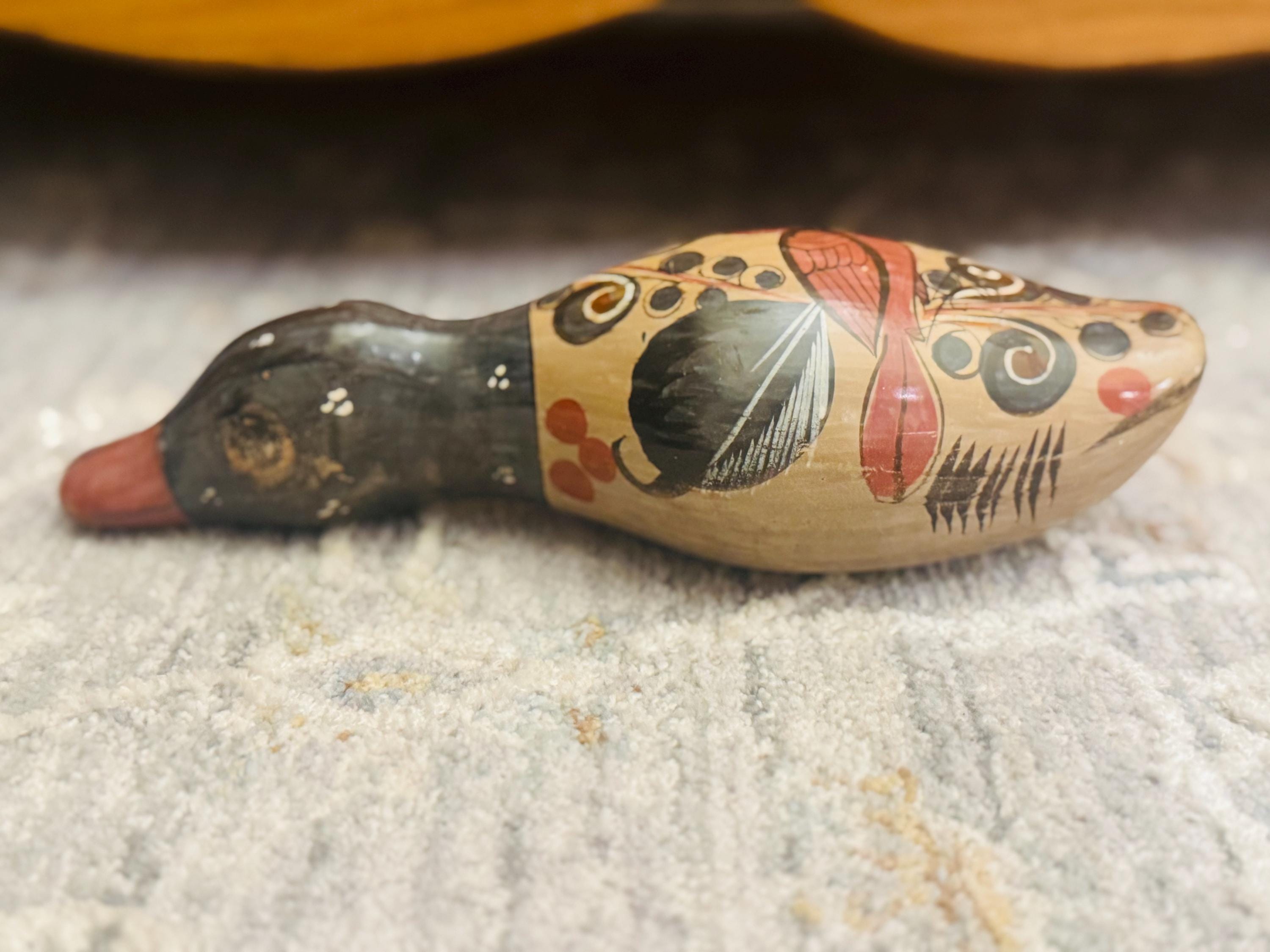 ヴィンテージ トナラ メキシコ民芸品 アヒルの置物 - 手描き陶器の鳥の