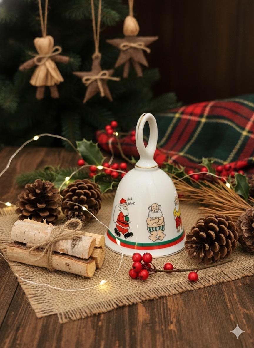 Vintage Papel Japan Christmas Bell • Santa Illustration, Gold Trim