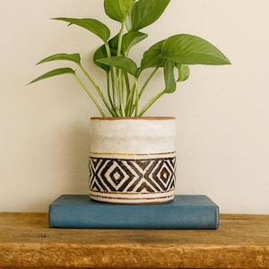 May include: A ceramic planter with a geometric design, holding a green plant. The planter has a white base with a brown and gold band, and a black and white diamond pattern. It sits on a blue book, on a wooden shelf.