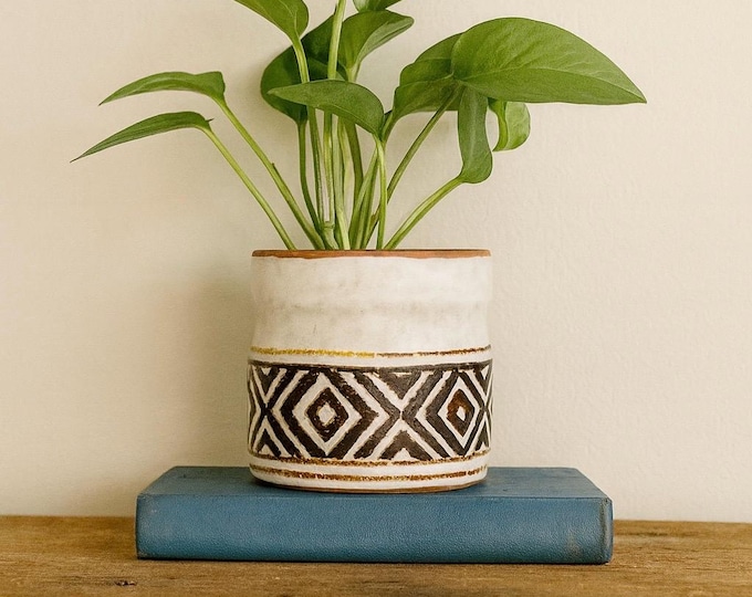 Vintage Ceramic Planter: Geometric Tribal Pattern, Boho Farmhouse Decor (3.25")
