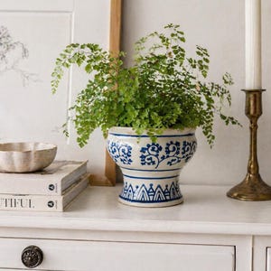 Vintage Blue & White Pedestal Planter / Footed Ceramic Bowl
