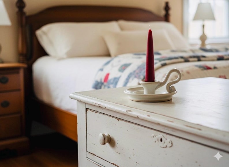 May include: A red taper candle in a white ceramic candlestick holder sits on a distressed white nightstand. The bedroom setting includes a bed with white linens and a patterned quilt. A lamp is visible in the background.