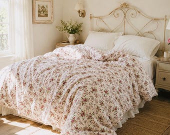 Housse de couette florale Cottagecore vintage - Literie avec fermeture à pression pour grand lit - Aspect lin floral romantique champêtre français