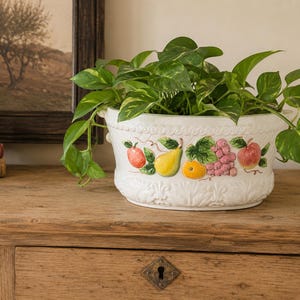 Peut inclure: Un cache-pot en céramique blanche orné d'un motif de fruits en relief peint à la main, comprenant une pomme rouge, une poire jaune, une orange et des raisins violets. Le récipient présente un bord et une base texturés et contient une plante pothos.