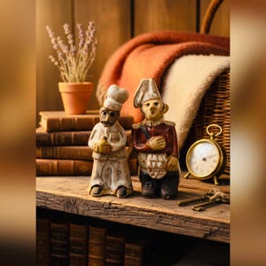 May include: Two ceramic figurines of chefs, one in a white uniform and the other in a red military-style jacket. They stand on a wooden shelf with a vintage clock, keys, and a small terracotta pot with lavender.