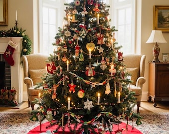 Vintage Filz Weihnachtsbaum Rock 132 cm | Rote Applikationen, Retro Urlaub Dekor