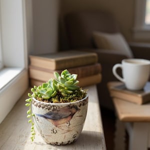 May include: A small, decorative ceramic pot with a bird design, filled with a green succulent plant. The pot sits on a wooden windowsill, with books and a coffee cup in the background. The pot is approximately 4 inches in diameter.