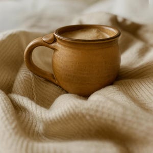 May include: A brown ceramic mug filled with a light-colored beverage, possibly coffee or tea. The mug has a rounded shape with a handle and sits on a cream-colored, textured blanket. The mug's exterior has a matte finish.