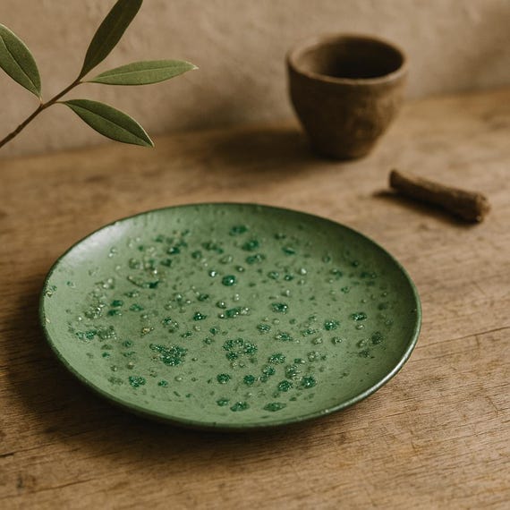 Plato de cerámica Vintage Studio: Esmalte verde moteado