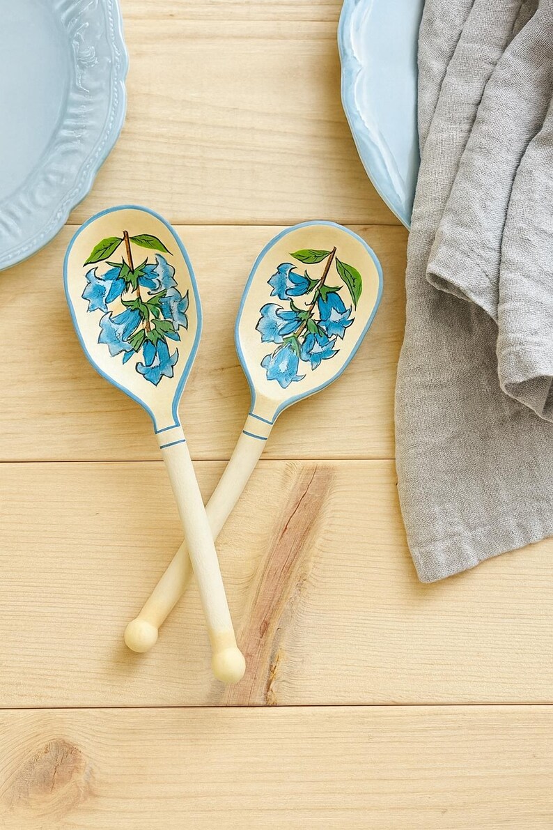 Rustic Plastic Spoon Hand Painted Folk Art Wooden Spoons Pair Blue Floral Rustic Farmhouse ...