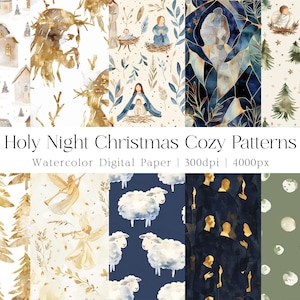 May include: A collection of watercolor digital paper patterns with a Christmas theme. The patterns include images of churches, Jesus, angels, sheep, and abstract designs in gold, blue, and green. The text "Holy Night Christmas Cozy Patterns" is displayed.
