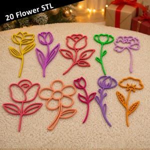 Minimalistisches Blumen-Linienkunst-STL-Bundle, 20 florale 3D-Druckdateien, botanische Umrisse, florale Dekoration, kommerzielle Lizenz