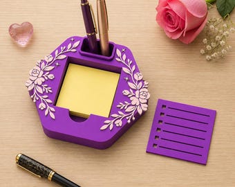 Blommig anteckningshållare, Post-it-lappar skrivbordsorganisatör, 3D-utskriftsfiler (STL och 3MF)