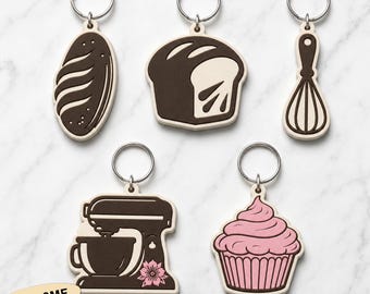 Nyckelring till bakning (STL-paket), champinjonpaket till bageri med köksmaskin, muffins, visp, bröd, söta Kindle-charms med 3D-utskriftsfiler.