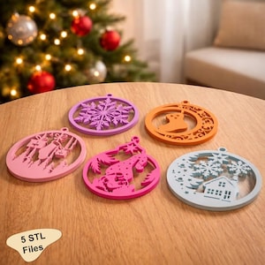 May include: Five flat, circular ornaments in purple, orange, light pink, hot pink, and light blue. The purple one features a snowflake, the orange one a stocking, the light pink one gifts, the hot pink one a gnome, and the light blue one a house.
