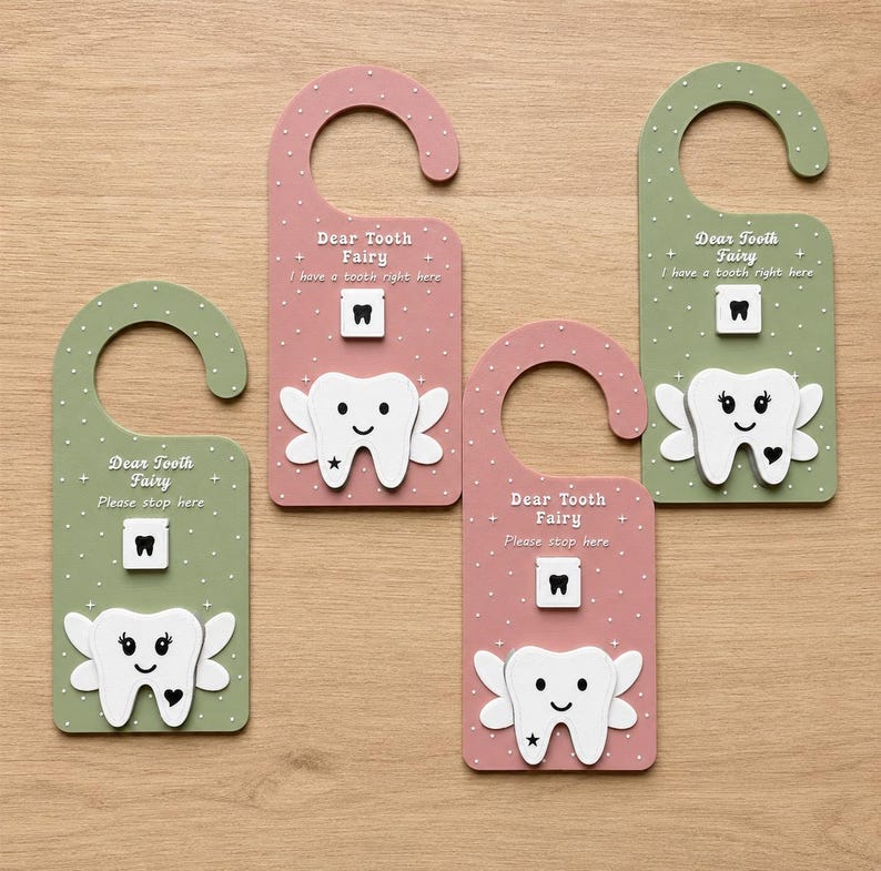 Tooth Fairy Tooth Holder Door Hanger, Kids Tooth Fairy Sign, Cute Pastel Door Decor, Nursery Room Hanging Sign STL