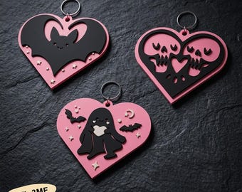 Brelok z nietoperzem i czaszką, różowy wisiorek do torby na Halloween z zawieszkami do torebki, brelok w kształcie serca, pliki komercyjne STL