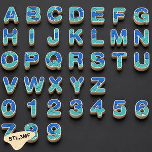 May include: A complete set of uppercase letters from A to Z and numbers from 0 to 9. Each character features a thick, light-colored border and a mosaic-style interior pattern composed of interlocking blue and teal shapes. Text reads STL, 3MF.