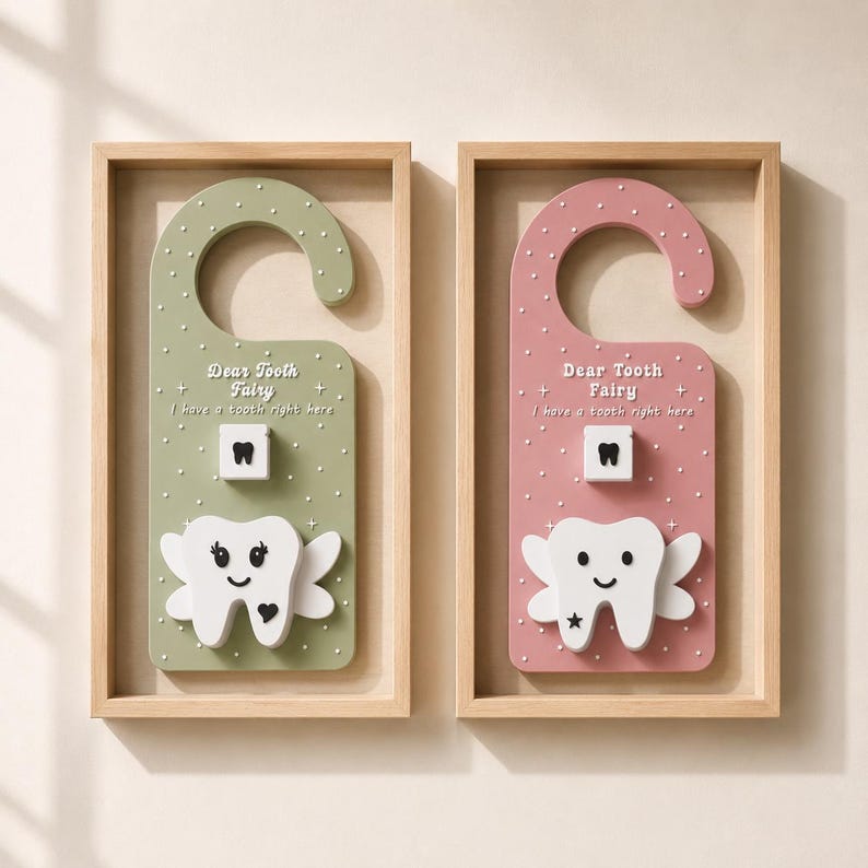 Two pastel-colored 3D printed Tooth Fairy door hangers featuring raised stars, playful text, sliding tooth holders, and large winged tooth pockets. One design is sage green and the other blush pink, both styled with matte white details and designed as decorative kids room door signs.