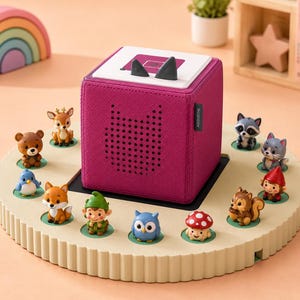 May include: A magenta fabric-covered square speaker with a white top panel featuring two grey ears. The speaker sits on a circular beige base with ten small, colourful character figurines arranged in circular slots around the central device.