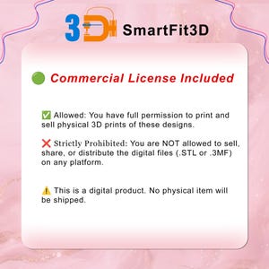 May include: A digital information card for SmartFit3D featuring a commercial license notice. It states that printing and selling physical 3D prints is allowed, while sharing or distributing digital files is prohibited. It notes this is a digital product.