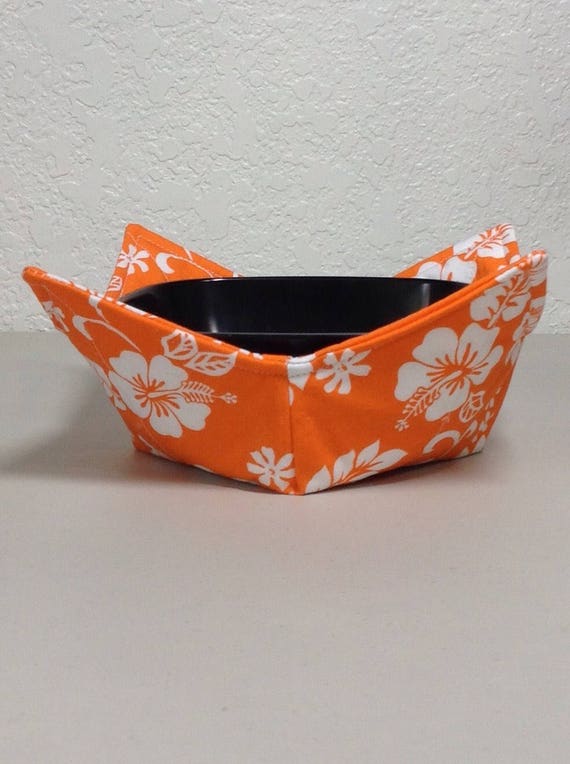 0200-155  (10X10) Microwave Bowl Cozy  - Orange w/White Hawaiian Flowers