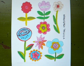 Printable Colorful Flowers for Junk & Art Journal Pages - Digital Download Ephemera, 2 Sheets 8x11 Floral Clip Art