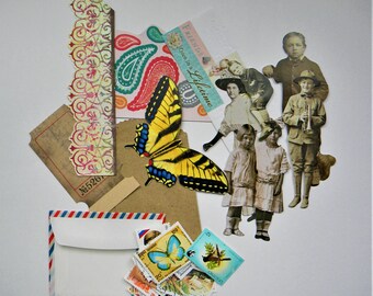 Large bundle of hand-painted papers, transparencies, vintage people cut-outs, stamps, envelopes, mixed ephemera for a junk journal
