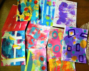 Handmade Gelli Print Cards 5x7 Set of 10 Colorful Abstract Painted Ephemera for Junk Journal Scrapbook Collage Art Supply