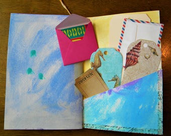 Handmade Watercolor Junk Journal kit, Mixed Media Ephemera Stack (9x6")