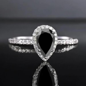 Pear Cut Black Diamond Halo Ring | 14K White Gold Gothic Bridal Jewelry