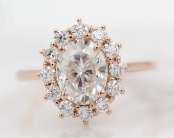 Ovale moissaniet verlovingsring, roségouden haloring, sierlijke diamanten trouwring, vintage geïnspireerde bruidsring, jubileumcadeau voor haar