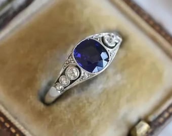 Vintage Art Deco blauer Saphir Diamant Ring, Akzent Verlobungsring Saphir Versprechen Ring Einzigartiges Birthstone September Ring Geschenk für Sie