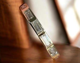 Emerald Cut Wedding Band, 14K Gold Half Eternity Ring, Unique Bezel Set Moissanite Ring, Art Deco Anniversary Ring, Stackable Band for Her