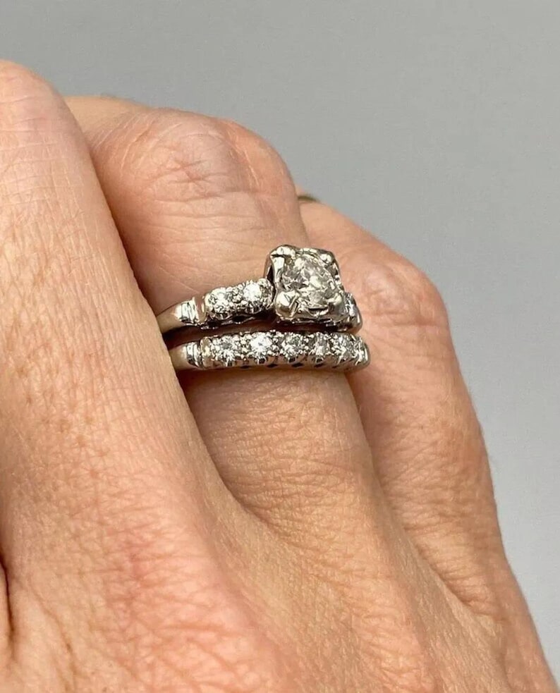 Solitaire Effect Round Diamond Engagement Ring, Pave Bridal Band, VVS Moissanite (10K ...