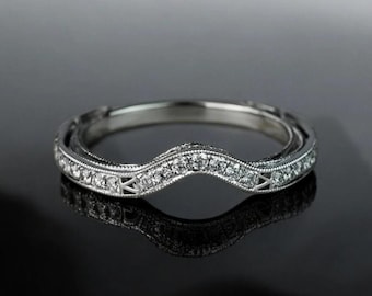 Vintage Milgrain Chevron Ring, geschwungener Diamant Ehering, stapelbarer Brautring, Kontur Diamant Ehering, Verlobungsgeschenk für sie