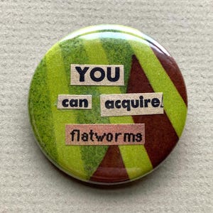 May include: A round button with a green and brown abstract design. The button features the text "YOU can acquire flatworms" in a collage style, with each word on a separate rectangular piece.