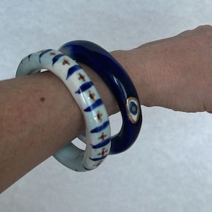 Handmade Porcelain Evil Eye Bracelet – Blue and White Bangle with Gold Gilding