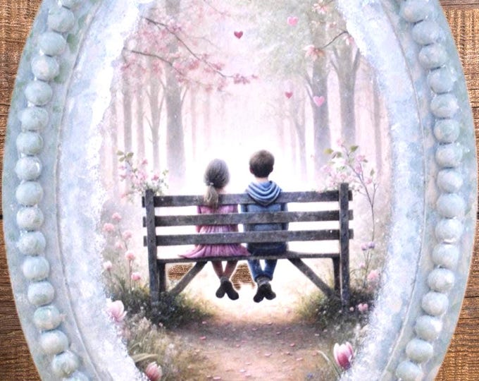 Featured listing image: Heirloom Children's Wall Art, Vintage Style Boy Girl Bench Scene, Soft Sage Frame Decor, Grandchildren Gift, Nursery Keepsake Art, Handmade