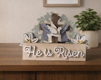 He is Risen Easter Shelf Sitter | Christian Spring Decor | Wooden Cross with Dove | Faith Tiered Tray Decor | Religious Easter Mantel