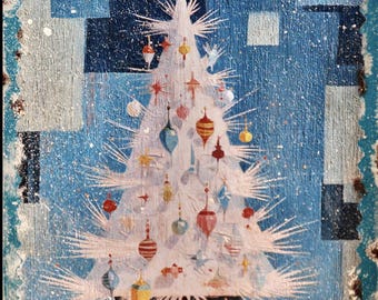 Blue Christmas Tree Wood Art Block | Distressed Vintage Style Christmas Shelf Sitter | Retro White Tree Holiday Decor