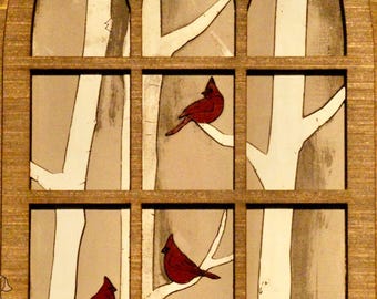 Rustic Cardinal Window Decor | Handmade Winter Cardinal Wood Sign | Primitive Farmhouse Shelf Sitter | Nature Inspired Home Decor