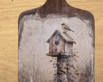 Primitive Birdhouse Decorative Cutting Board | Rustic Farmhouse Wall Decor | Vintage Inspired Bird Art | Cottage Style Wooden Paddle Board