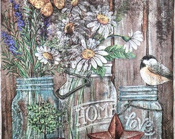 Primitive Farmhouse Riser Tray | Rustic Floral Mason Jar Decor | Handmade Wooden Kitchen Riser | Cottage Farmhouse Display Stand