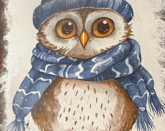 Primitive Winter Owl Wood Sign / Rustic Farmhouse Owl Decor / Cozy Winter Shelf Sitter / Country Home Accent