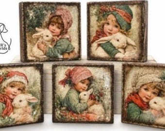 Set of 5 Vintage Style Christmas Bunny Wood Art Blocks | Winter Girl Shelf Sitters | Handmade Holiday Decor