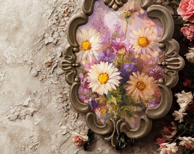 Featured listing image: Romantic Floral Plaque | Cottage Garden Wall Decor | Lavender Daisy Artwork | French Country Shelf Sitter | Handmade Vintage Inspired Decor