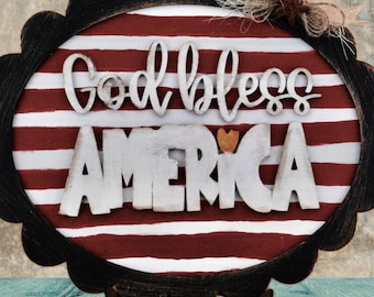 God Bless America Wooden Sign | Patriotic Rustic Decor | Farmhouse 4th of July Wall Hanging | Americana Tiered Tray Shelf Decor