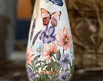 Handmade Decoupaged Butterly Floral Vase | Cottagecore Wildflower Decor | Rustic Farmhouse Spring Vase |Shabby Chic Flower Holder