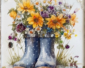 Handcrafted Sunflower Rain Boots Framed Mixed Media Wall Art | Handmade Farmhouse Decor